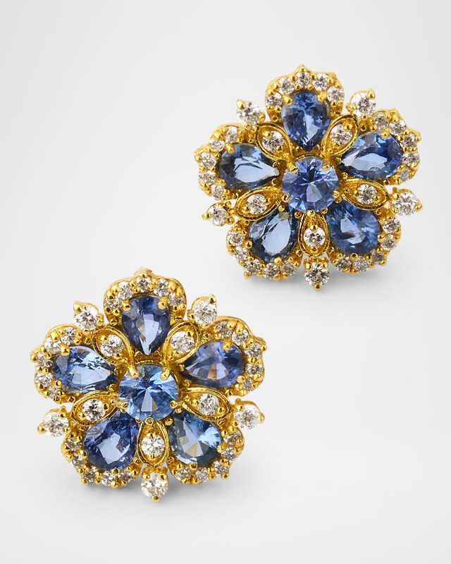 18K Yellow Gold Diamond and Blue Sapphire Flower Earrings